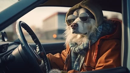 Fotobehang a dog in clothes is driving a car humor joke © kichigin19