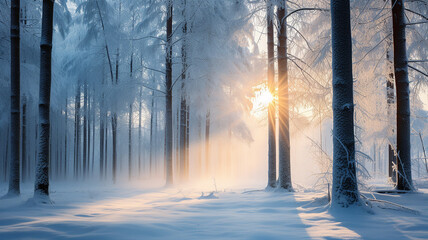 winter landscape in the forest, the rays of the morning sun at sunrise in the frosty fog between the trees