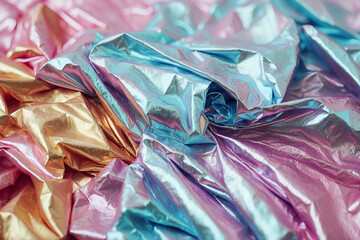 Close-up of crinkled iridescent foil with a mix of shiny pink, blue, and gold colors.