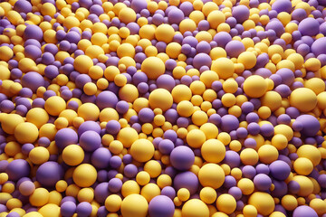 Purple and yellow smooth spheres or balls in a field covering the entire canvas