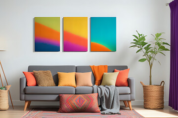 Cozy living room with three vertical artwork of vibrant gentle calming colourful.