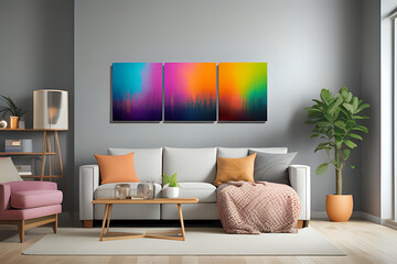 Cozy living room with three vertical artwork of vibrant gentle calming colourful. 3d rendering. Modern living room