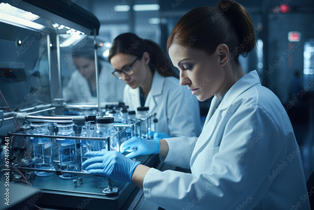 Poster laboratory technicians working around the clock to process diagnostic tests quickly and accurately. 