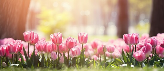 Tulips with a pink hue blooming within the garden - obrazy, fototapety, plakaty