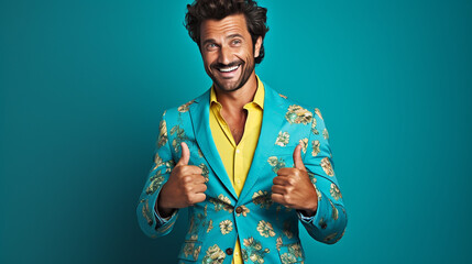 Mann lachend mit guter Laune und positiver Ausstrahlung vor farbigem Hintergrund in 16:9 - obrazy, fototapety, plakaty