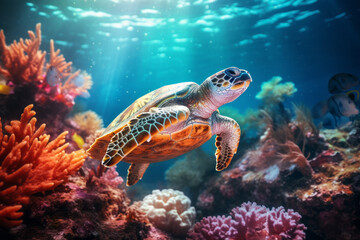 Obraz na płótnie Canvas Sea turtles and coral reefs underwater. Environmental protection will regenerate oceans and water and restore ecosystems. Concept for environment and nature protection.