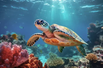 Fensteraufkleber Sea turtles and coral reefs underwater. Environmental protection will regenerate oceans and water and restore ecosystems. Concept for environment and nature protection. © omune