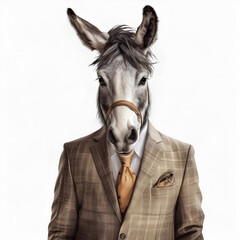 donkeys head suit, animal costume,stylish classic suit, animal head, white background