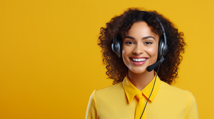 Kundenbetreuerin mit Headset gelber Hintergrund