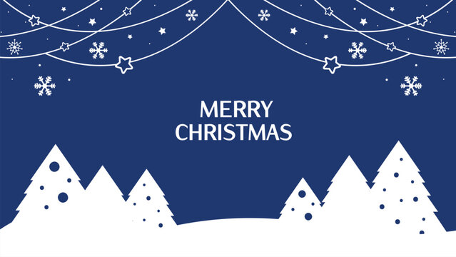 Minimalist christmas greeting card with stylized pine trees, garlands, snowflakes and snowfall. Winter scene on blue background.