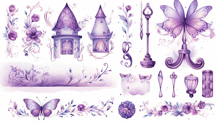 set collection of purple delicate accessories of a fairy princess watercolor drawing isolated on a white background  soft lavender color - obrazy, fototapety, plakaty
