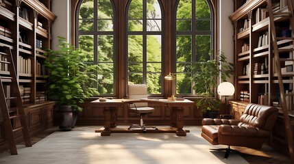 Interior Design, a perspective of of a study room with mahogany walls and a large desk of walnut wood, large windows with natural light, Light colors, plants, modern furniture, classical interior desi