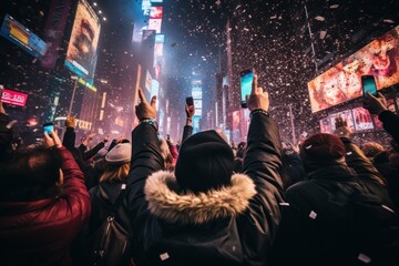 Crowd of people celebrating new year's countdown in big city - obrazy, fototapety, plakaty