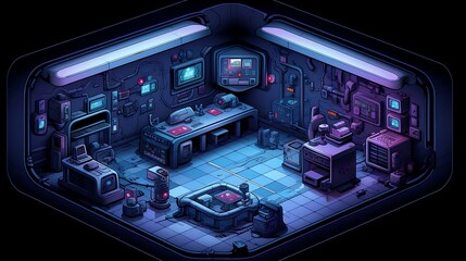 Fototapeta na wymiar 8 bit pixel art,inside of spaceship command center, style of game boy, visible outlines, isometric