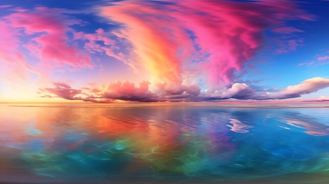 Rainbow sky, red crystal sea, real shooting, real, realistic, 8K, super wide angle, panorama, 3D, ultra-high definition, high pixel, landscape photography © Alin