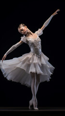 Fototapeta na wymiar Young ballerina in white tutu dancing on black studio background generativa IA