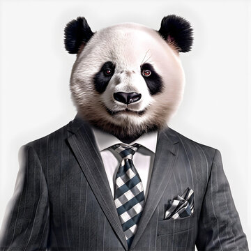 panda head suit, animal costume,stylish classic suit, animal head, white background