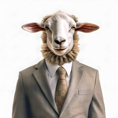 sheep head suit, animal costume,stylish classic suit, animal head, white background