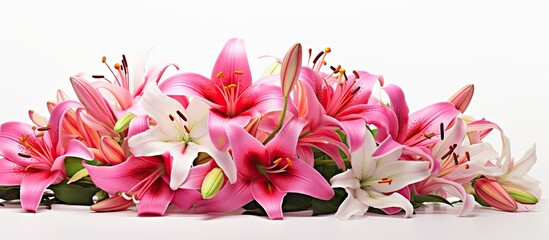 An arrangement of pink red and green lilies is stacked and focused on while being isolated on a white background