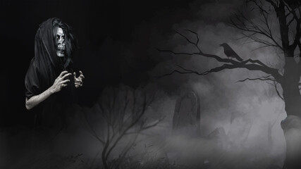 grim reaper lurking in a misty graveyard under a moonlit night