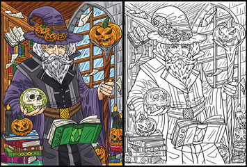 Halloween Wizard Coloring Page Illustration