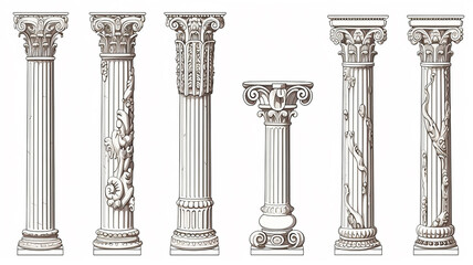 ancient marble columns set collection of isolated architectural elements on a white background - obrazy, fototapety, plakaty