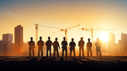 group of builders silhouette of workers on a construction site, standing in a row against a sunset background, with a copy space - obrazy, fototapety, plakaty