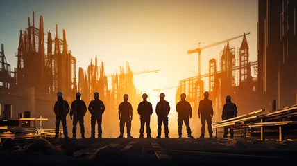 Poster group of builders silhouette of workers on a construction site, standing in a row against a sunset background, with a copy space © kichigin19