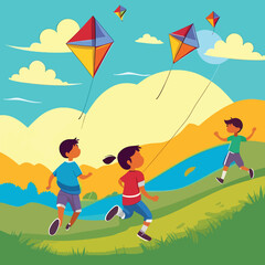 children playing and chasing kites