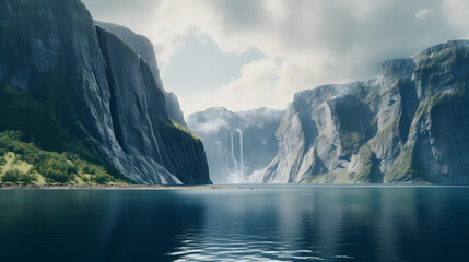 Obraz premium Majestic fjord surrounded by towering cliffs, its calm waters reflecting the breathtaking scenery in perfect harmony. Ai Generated.NO.01