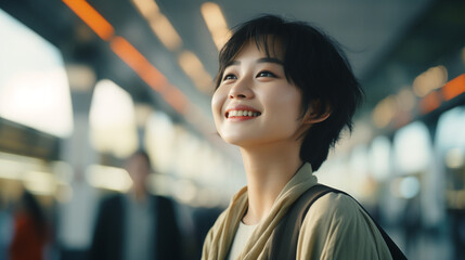 beautiful asian woman in train station - obrazy, fototapety, plakaty