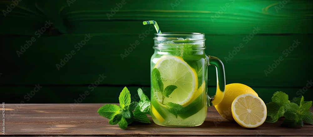 Poster on a wooden surface there is a jar filled with refreshing and natural lemonade made with tarragon li