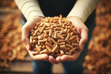Close up of a mans hands holding a natural wood pellet for eco friendly heating solutions
