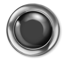 Realistic big black plastic button with shiny metallic border. With shadow on white background