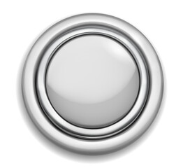 Realistic big white plastic button with shiny metallic and colored borders. With shadow on white background