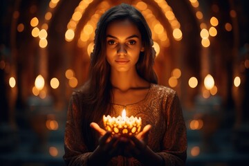 Obraz na płótnie Canvas Indian lady holding lit candle for Diwali on blurred background. Happy diwali. Traditional symbols of Indian festival of light. Young Indian woman celebrating Karva Chauth at night