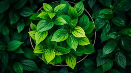 Beautiful top view of a Green Plant in a pot, A single lush green plant, A lush  potted plant photo with vibrant emerald green leaves 