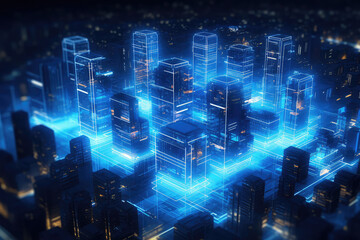 Fototapeta na wymiar Cityscape on dark blue. fiber optic, speed line, futuristic background. internet network concept. Generative AI.