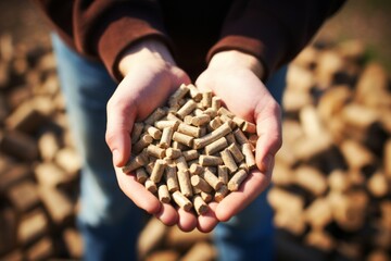Close up of mans hands holding natural wood pellet for eco friendly heating or fuel purposes
