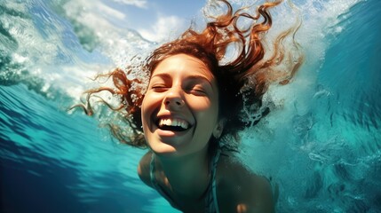 Young happy woman swimming in the water