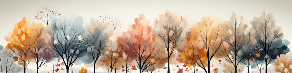 watercolor drawing long narrow panorama painting multi colored autumn forest on a white background banner - obrazy, fototapety, plakaty