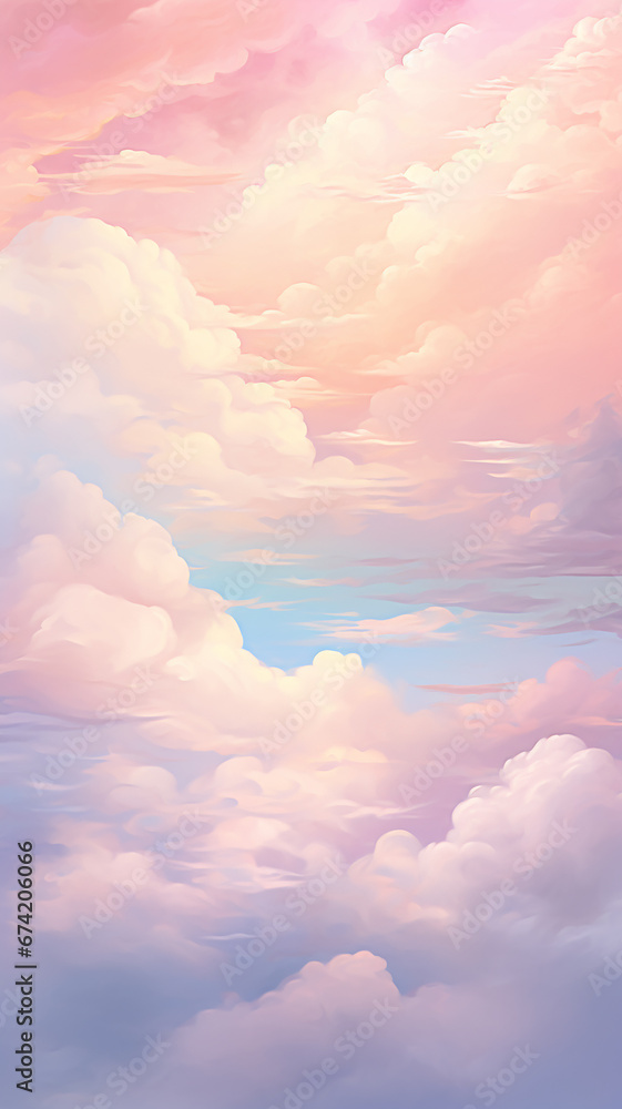 Wall mural high narrow watercolor cumulus clouds light abstract background gentle pastel soft color pink white 