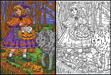 Halloween Child and Wolf Coloring Illustration