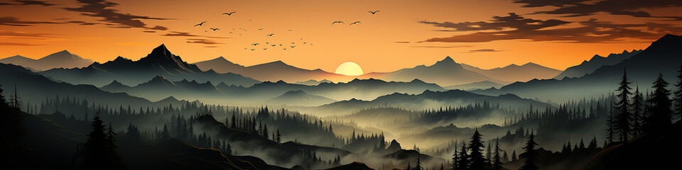 long panorama silhouettes of  the autumn fog at sunset, freedom and silence of nature wild forest in sunset colors