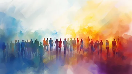 Foto op Canvas multicolored crowd, a row of silhouettes of people , drawing watercolor style multicultural society, performance concert, rainbow spectrum background gradient © kichigin19