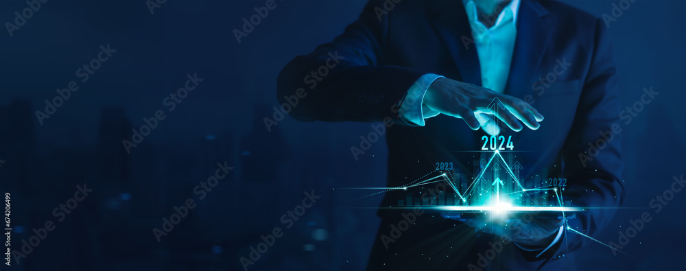 Poster businessman analysis calculates financial data of growth for long-term investments with digital grap