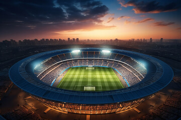 Soccer stadium at brew hour. At the stadium, competitions are held where the success of the athletes' lives is at stake. It is the result of architectural design and construction.