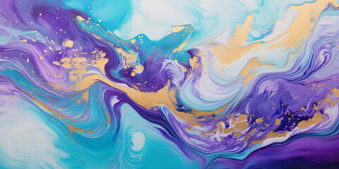 Abstract background of acrylic paint in blue, yellow and purple tones