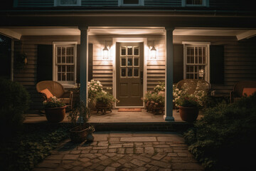 Shot of Lit Front Porch at Night
