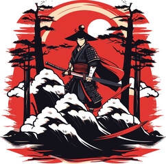 a samurai warrior standing firmly above the waves of water
 - obrazy, fototapety, plakaty